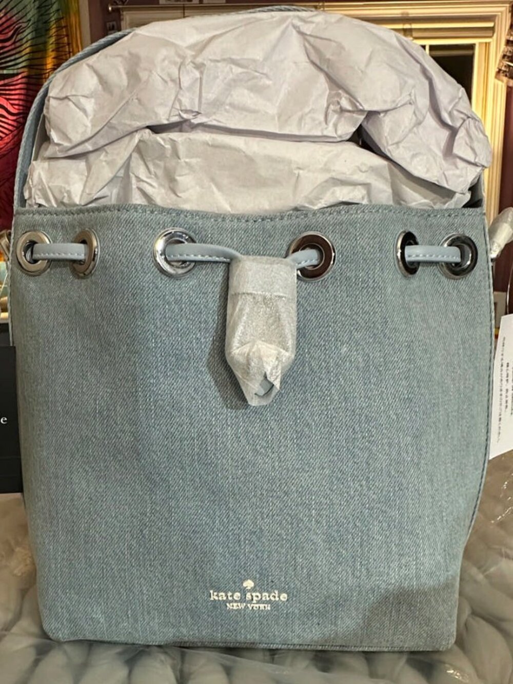 Kate Spade NWT Light Blue Bucket Bag with Drawstring & Crossbody Strap